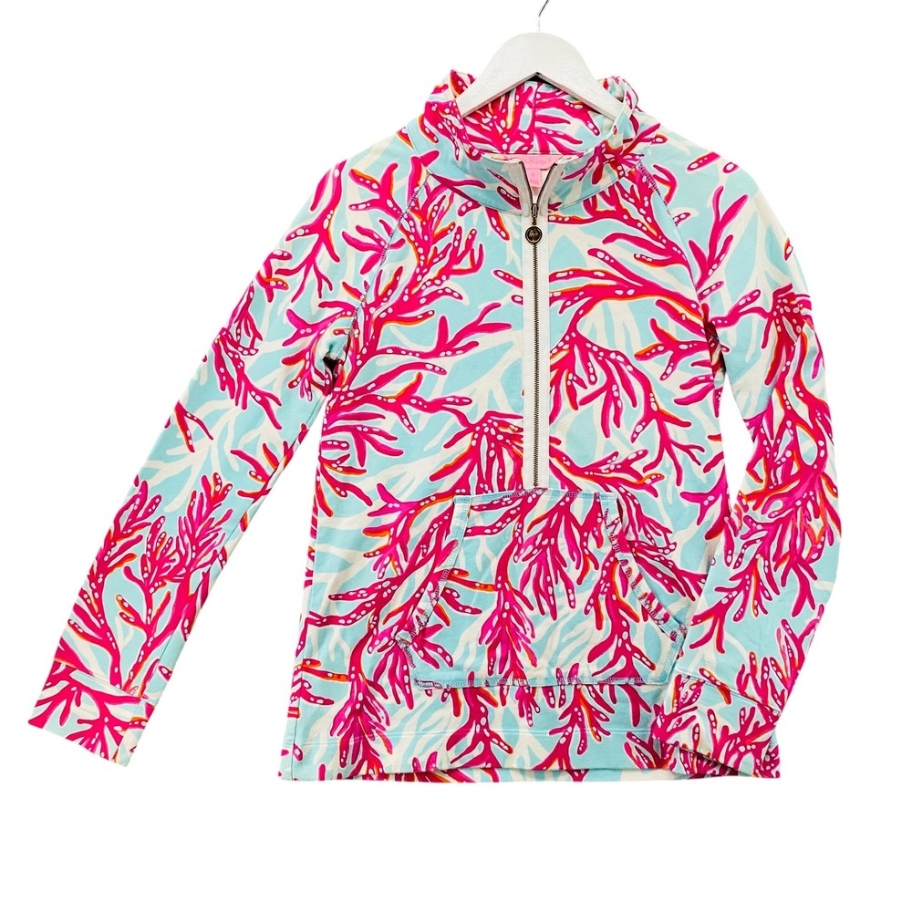 Lilly Pulitzer Skipper Popover Coral Bay Half Zip Sweatshirt Blue Pink Small - Picture 2 of 10